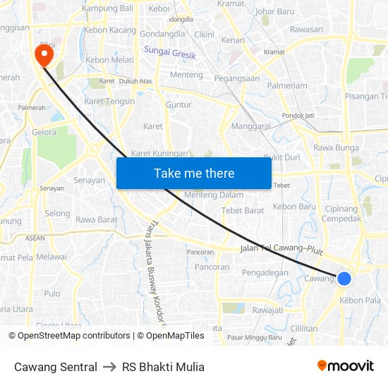 Cawang Sentral to RS Bhakti Mulia map