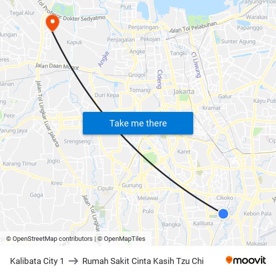 Kalibata City 1 to Rumah Sakit Cinta Kasih Tzu Chi map