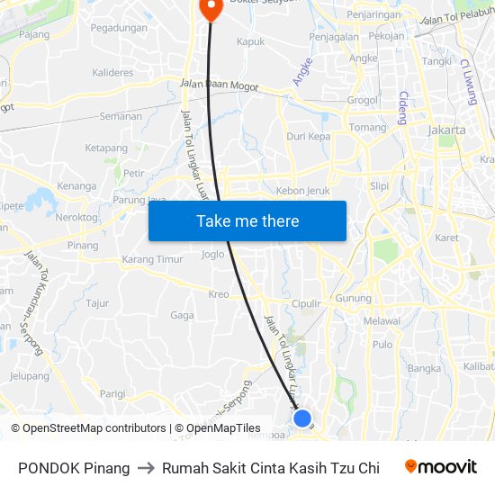 PONDOK Pinang to Rumah Sakit Cinta Kasih Tzu Chi map