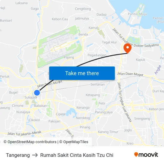 Tangerang to Rumah Sakit Cinta Kasih Tzu Chi map