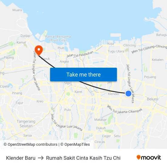 Klender Baru to Rumah Sakit Cinta Kasih Tzu Chi map