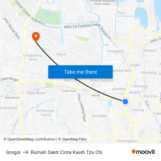 Grogol to Rumah Sakit Cinta Kasih Tzu Chi map