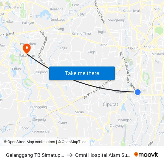 Gelanggang TB Simatupang to Omni Hospital Alam Sutera map