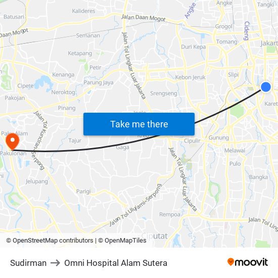 Sudirman to Omni Hospital Alam Sutera map