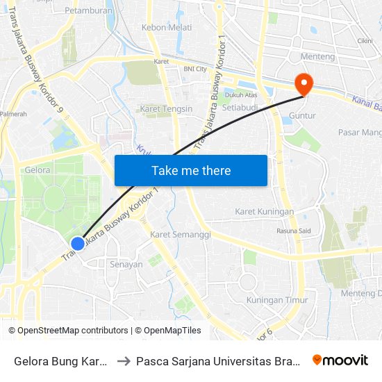 Gelora Bung Karno 2 to Pasca Sarjana Universitas Brawijaya map
