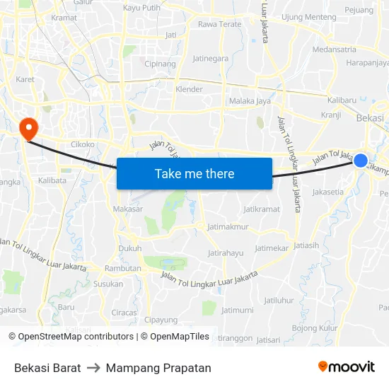 Bekasi Barat to Mampang Prapatan map
