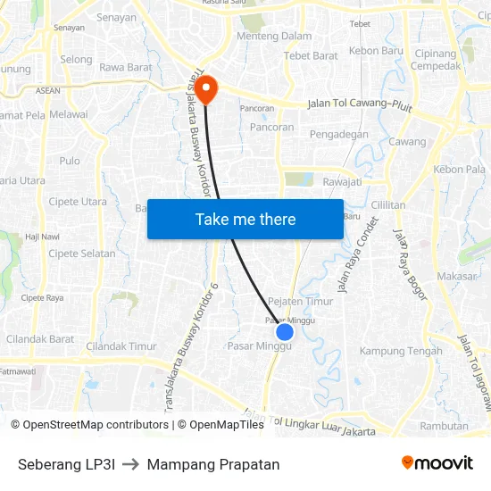Seberang LP3I to Mampang Prapatan map