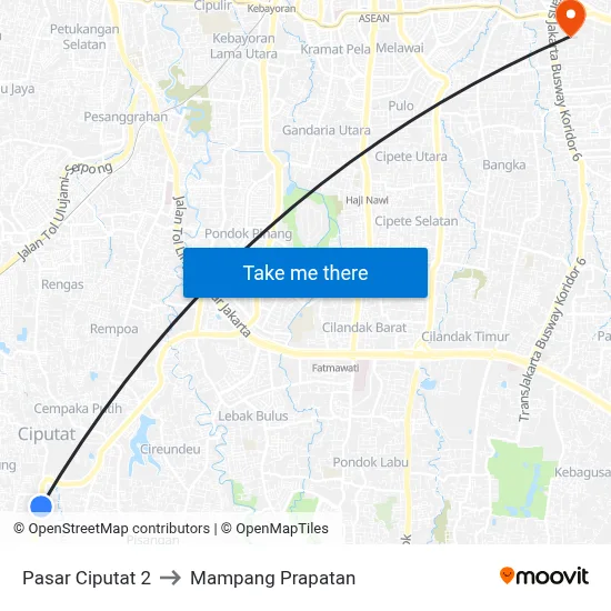 Pasar Ciputat 2 to Mampang Prapatan map