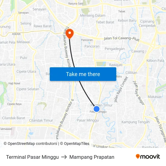 Terminal Pasar Minggu to Mampang Prapatan map