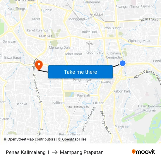 Penas Kalimalang 1 to Mampang Prapatan map