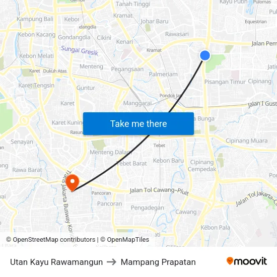 Utan Kayu Rawamangun to Mampang Prapatan map