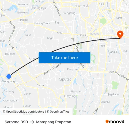 Serpong BSD to Mampang Prapatan map