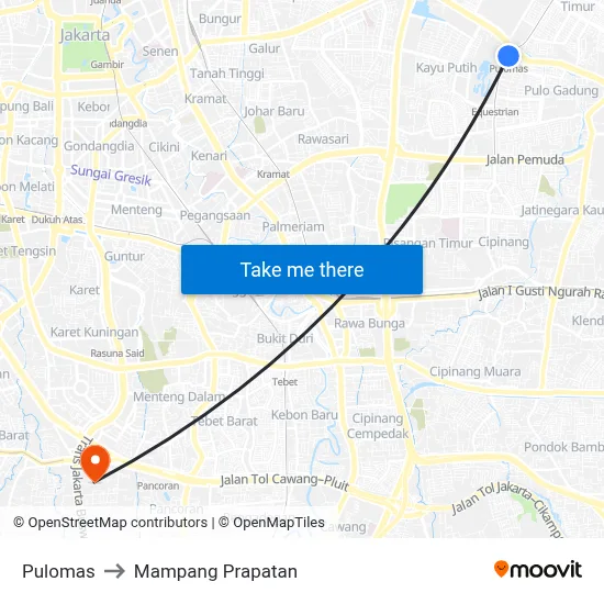 Pulomas to Mampang Prapatan map