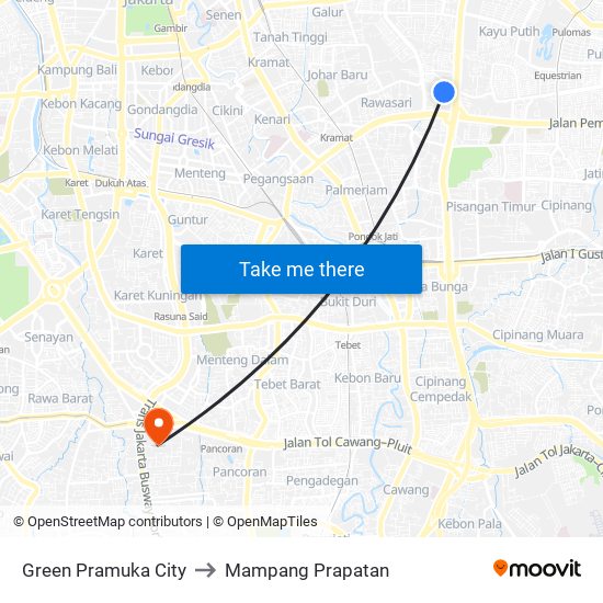 Green Pramuka City to Mampang Prapatan map