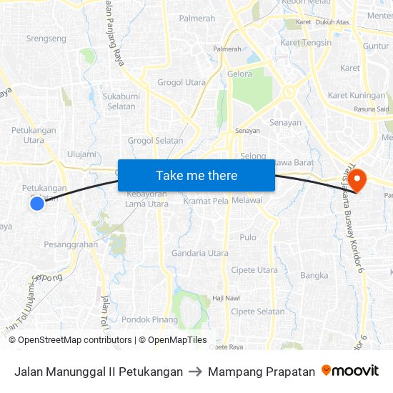 Jalan Manunggal II Petukangan to Mampang Prapatan map