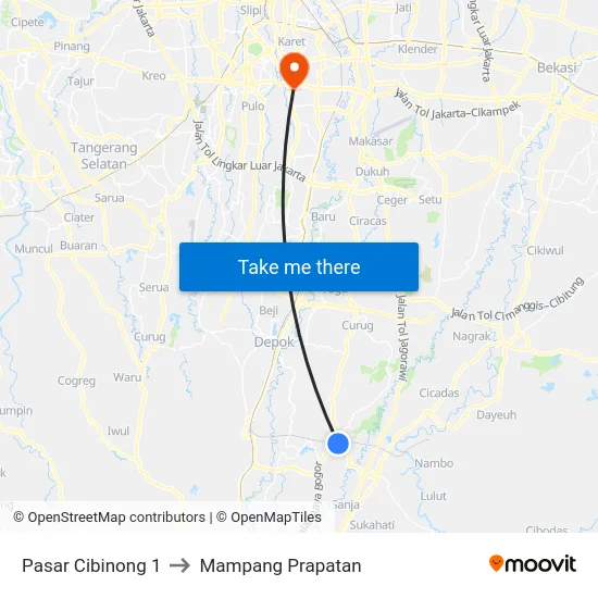 Pasar Cibinong 1 to Mampang Prapatan map