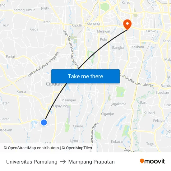 Universitas Pamulang to Mampang Prapatan map