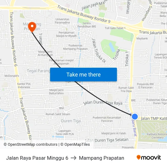 Jalan Raya Pasar Minggu 6 to Mampang Prapatan map