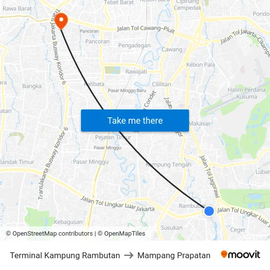Terminal Kampung Rambutan to Mampang Prapatan map