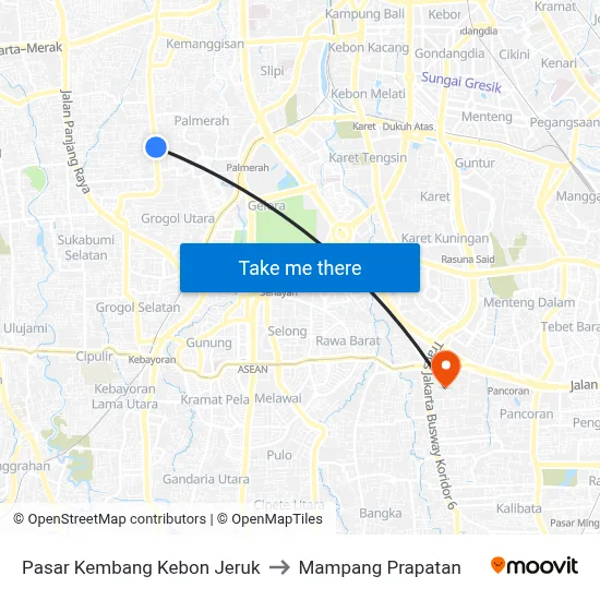 Pasar Kembang Kebon Jeruk to Mampang Prapatan map