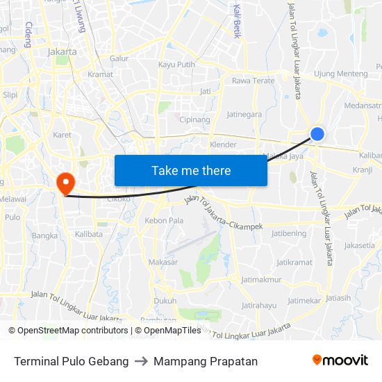 Terminal Pulo Gebang to Mampang Prapatan map