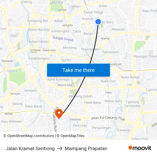 Jalan Kramat Sentiong to Mampang Prapatan map