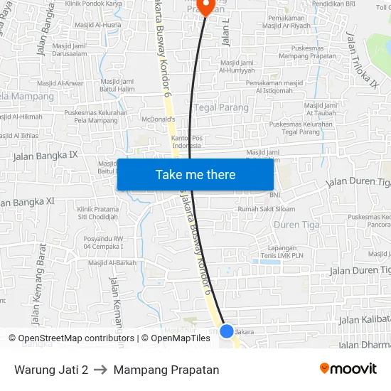 Warung Jati 2 to Mampang Prapatan map