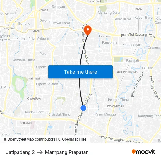 Jatipadang 2 to Mampang Prapatan map