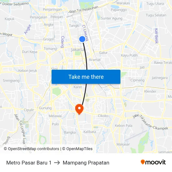 Metro Pasar Baru 1 to Mampang Prapatan map
