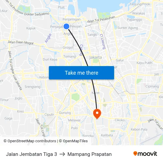 Jalan Jembatan Tiga 3 to Mampang Prapatan map