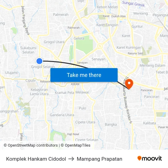 Komplek Hankam Cidodol to Mampang Prapatan map