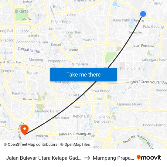 Jalan Bulevar Utara Kelapa Gading 1 to Mampang Prapatan map