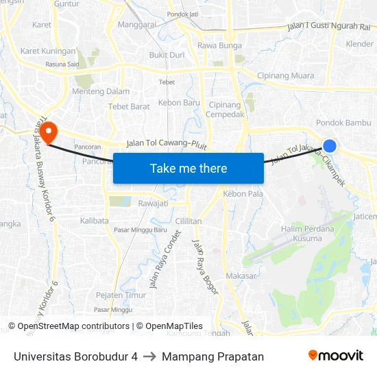 Universitas Borobudur 4 to Mampang Prapatan map