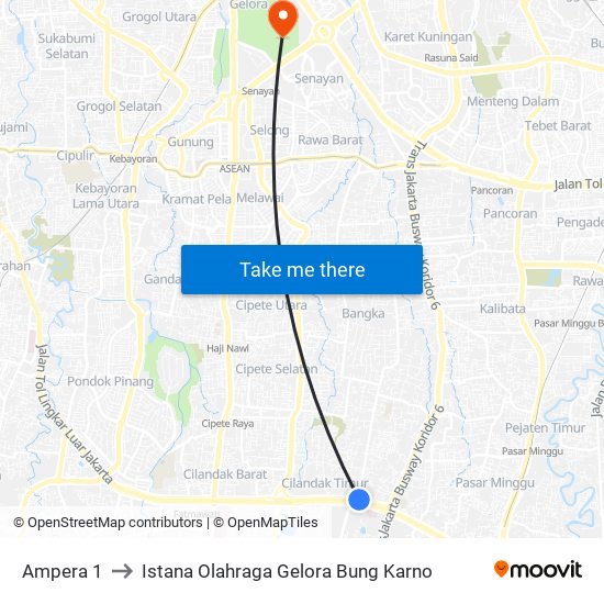 Ampera 1 to Istana Olahraga Gelora Bung Karno map