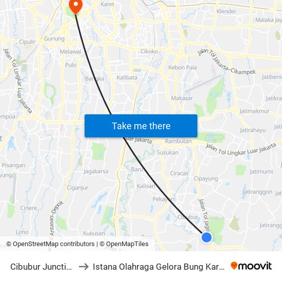 Cibubur Junction to Istana Olahraga Gelora Bung Karno map