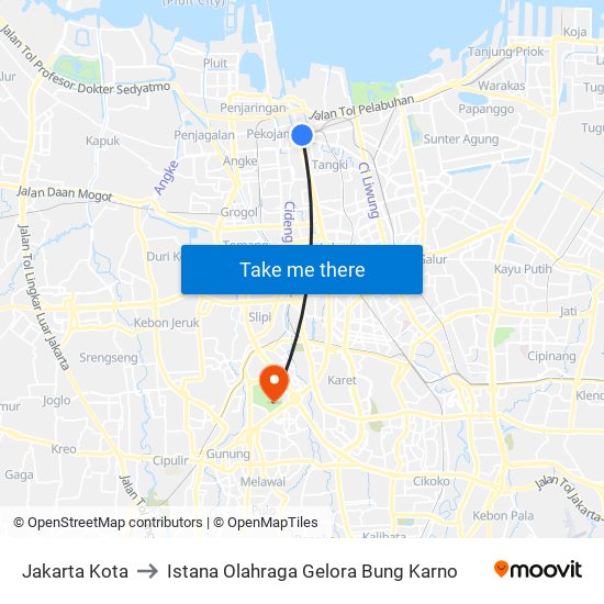 Jakarta Kota to Istana Olahraga Gelora Bung Karno map