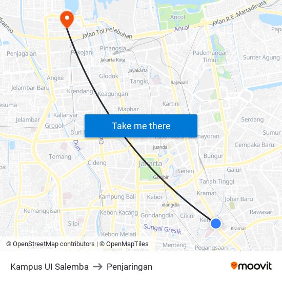 Kampus UI Salemba to Penjaringan map