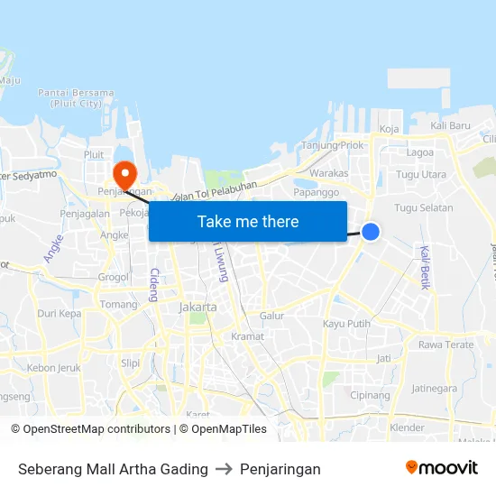 Seberang Mall Artha Gading to Penjaringan map