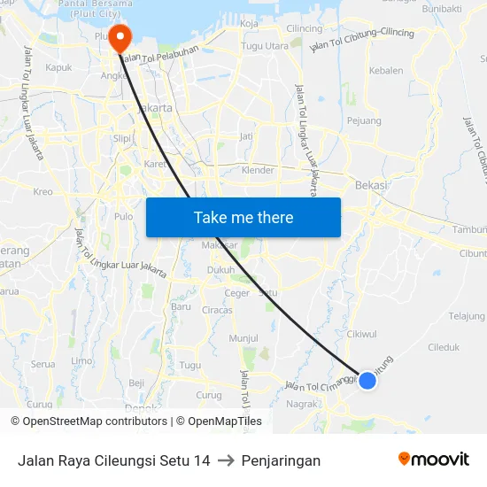 Jalan Raya Cileungsi Setu 14 to Penjaringan map