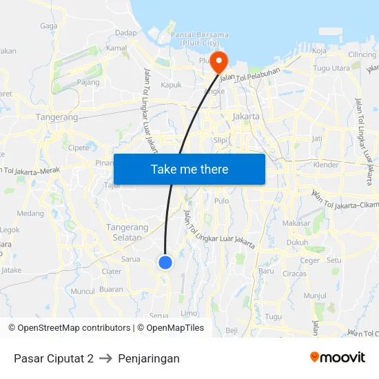 Pasar Ciputat 2 to Penjaringan map