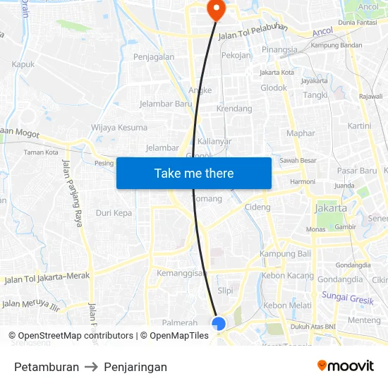 Petamburan to Penjaringan map