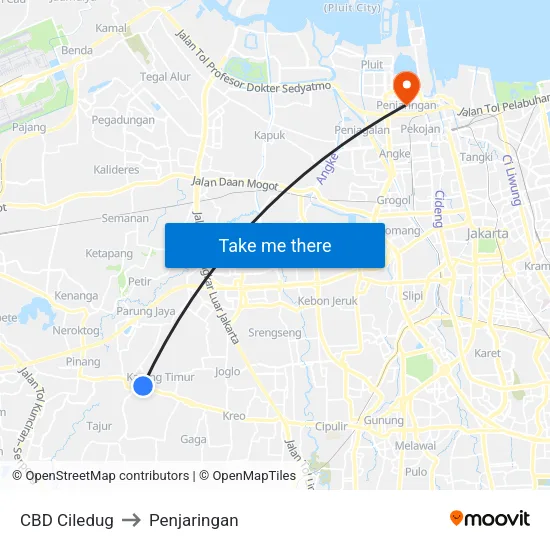 CBD Ciledug to Penjaringan map