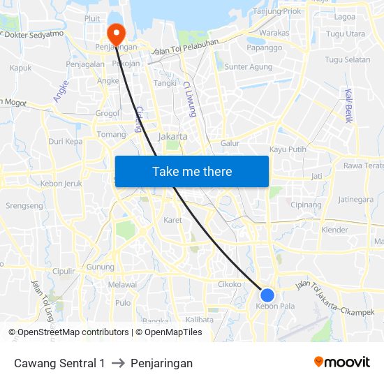 Cawang Sentral 1 to Penjaringan map