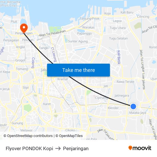 Flyover PONDOK Kopi to Penjaringan map