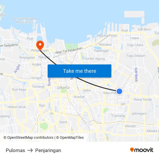 Pulomas to Penjaringan map