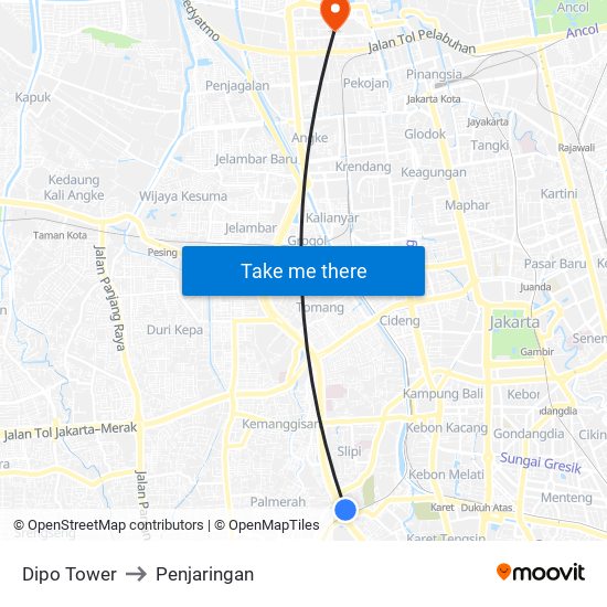 Dipo Tower to Penjaringan map