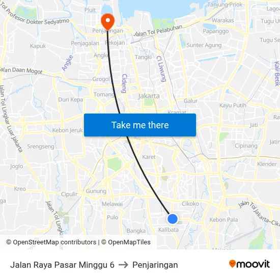 Jalan Raya Pasar Minggu 6 to Penjaringan map