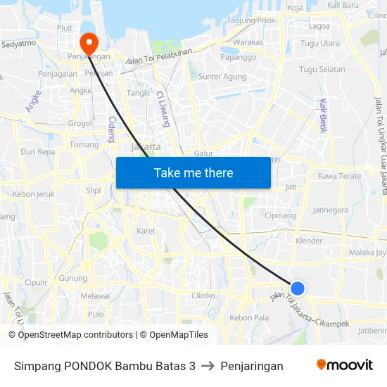 Simpang PONDOK Bambu Batas 3 to Penjaringan map
