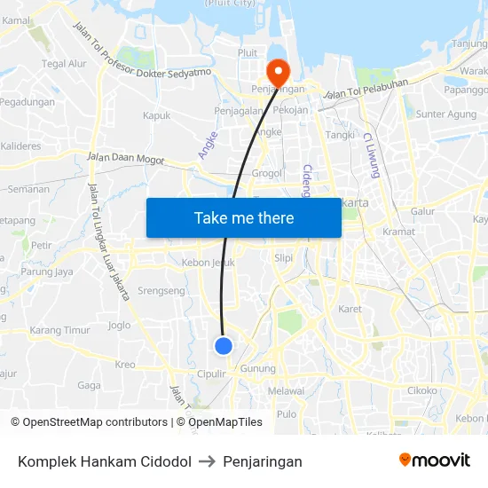 Komplek Hankam Cidodol to Penjaringan map