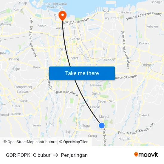 GOR POPKI Cibubur to Penjaringan map